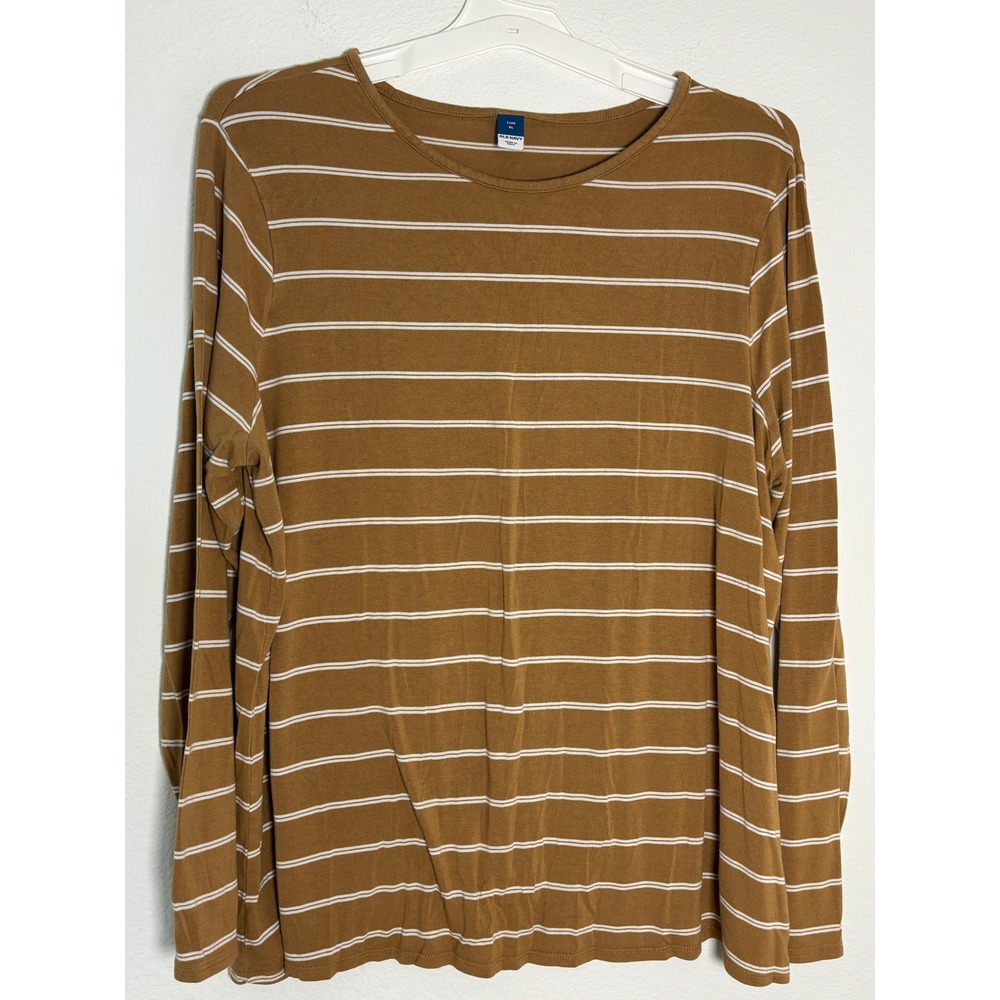 Old Navy Luxe Womens‎ XL Brown White Striped Long Sleeve Crew Neck T-Shirt Top
